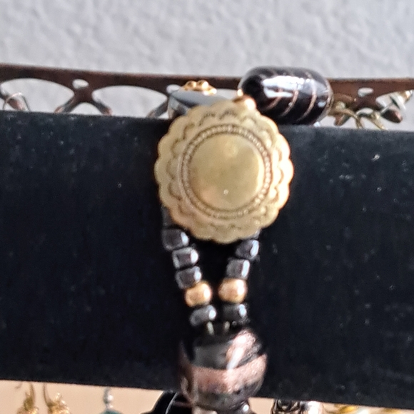 Black & Amber Art Glass, Golden and Hematite Charm Double Strand Beaded Bracelet - Picture 4 of 12